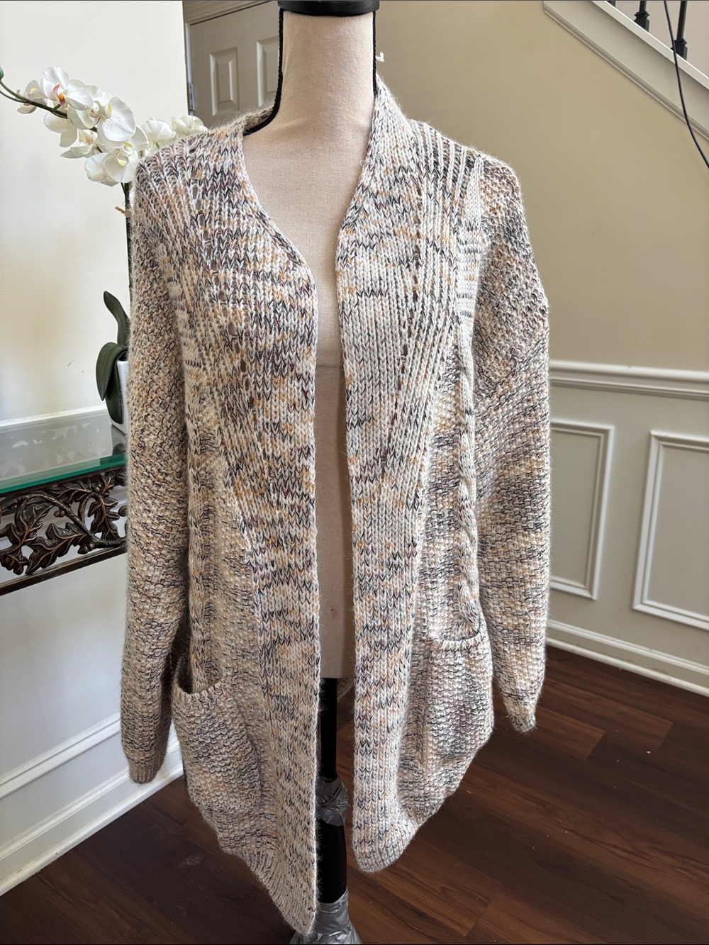 Futurino Marled Open-Front Cardigan in Cream Multi size Large